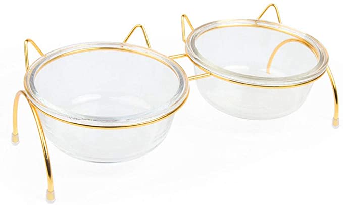 GVRPV Double Dog Cat BowlsDouble Dog Cat BowlsGlass Dog Cat Bowl Puppy Food Bowl with Iron Frame Water Feeder Bowl Food -Double_Set