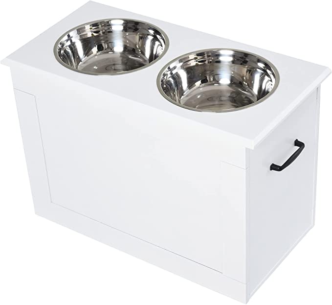 GXP Raised Pet Bowls with Storage Function 2 Stainless Steel Dog Bowls Elevated Base (Color : White)