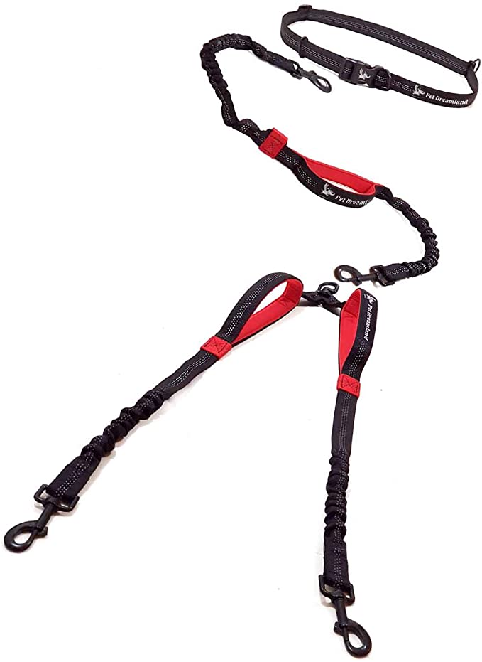 Hands Free Double Dog Leash - No Tangle Dog Leashes for Large Dogs - Black & Red