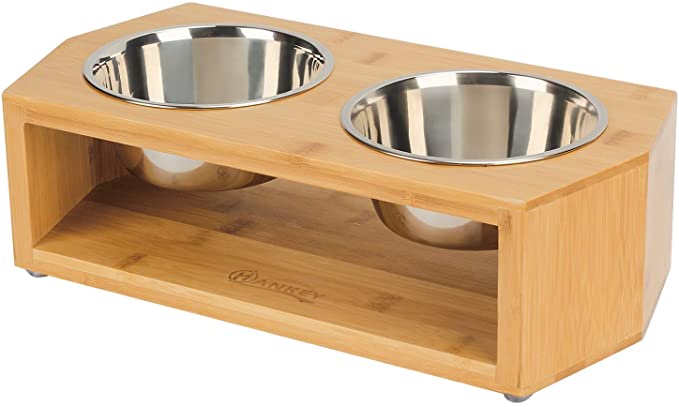 HANKEY Raised Pet Bowls for Small Dogs and Cats, Bamboo Elevated Dog Cat Food and Water Bowls Stand Feeder with 4 Stainless Steel Bowls