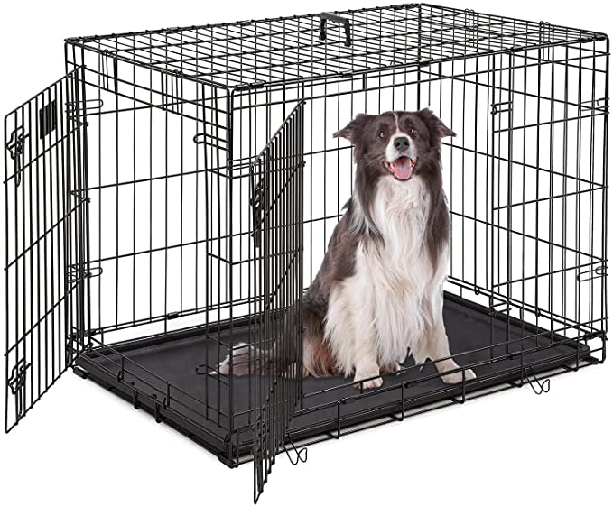HCY Dog Cage Dog Crate Dog Kennel Folding Metal Pet Crate for Small/Medium/Large Dogs 36/42/48 Inch Double Doors Puppy Kennel with Divider Panel Indoor Outdoor Travel Use(Black)