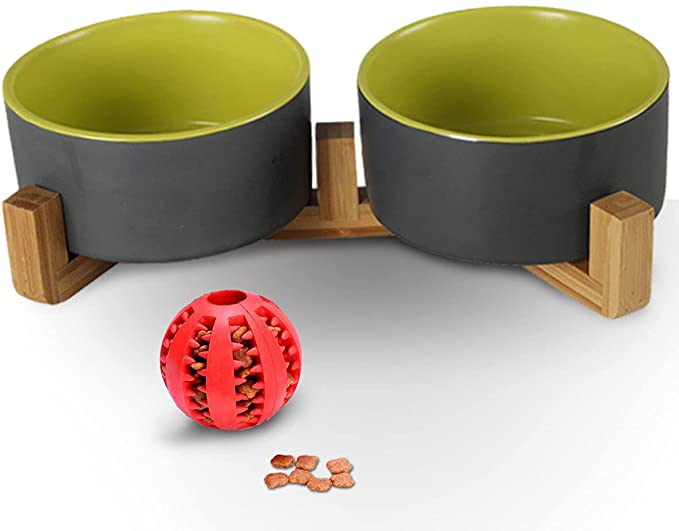 Heavy Ceramic Cat Dog Bowls Set with Wood Stand for Food and Water, Pet Food Water Dish Feeder for Cats Small/Medium/Large Dogs
