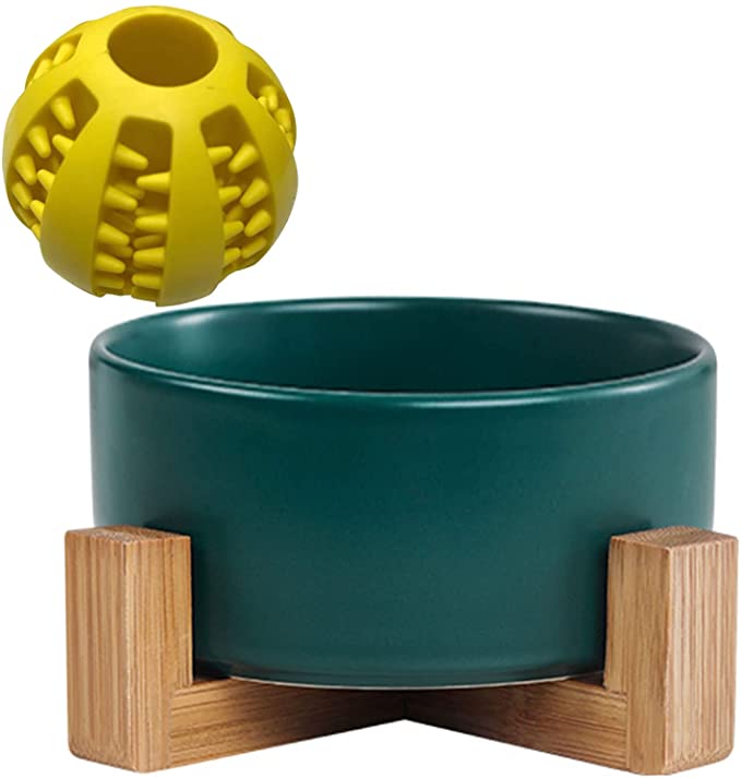 Heavy Ceramic Cat Dog Bowls Set with Wood Stand for Food and Water