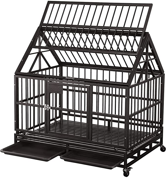 Heavy Duty Dog Cage Crate Kennel Carbon Steel with Four Wheels for Large Dogs Easy to Install (42 INCH ROOF, Gray)