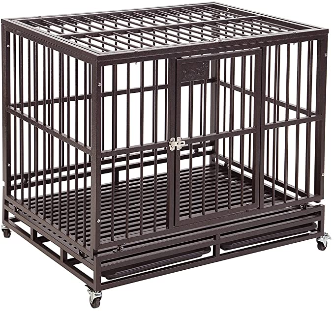 Heavy Duty Dog Cage Crate Kennel Carbon Steel with Four Wheels for Large Dogs Easy to Install (42In Gray)
