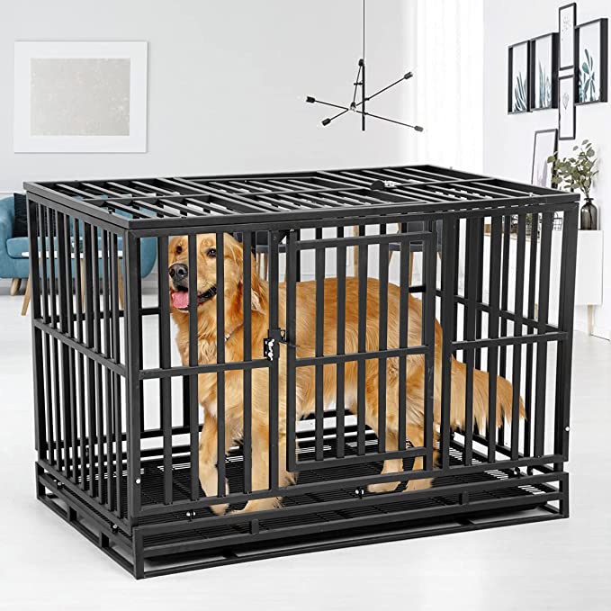 Heavy Duty Dog Crate 48 Inch Strong Metal Dog Kennel and Crate for Medium and Large Dogs with Double Door & Plastic Tray & Locks Design, Extra Large XL XXL Dog Cage