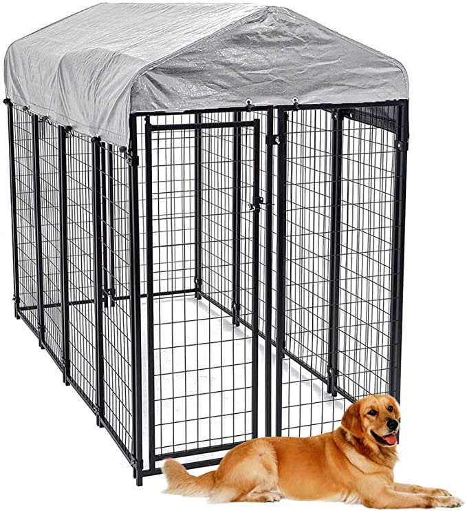 Heavy-Duty Basic Expanded Metal Outdoor Dog Yard Kennel, Outdoor Covered Welded Wire Steel Modular Yard Kennel, Metal Pet Exercise Fence Barrier Playpen Kennel w/UV Protection Waterproof Cover & Roof