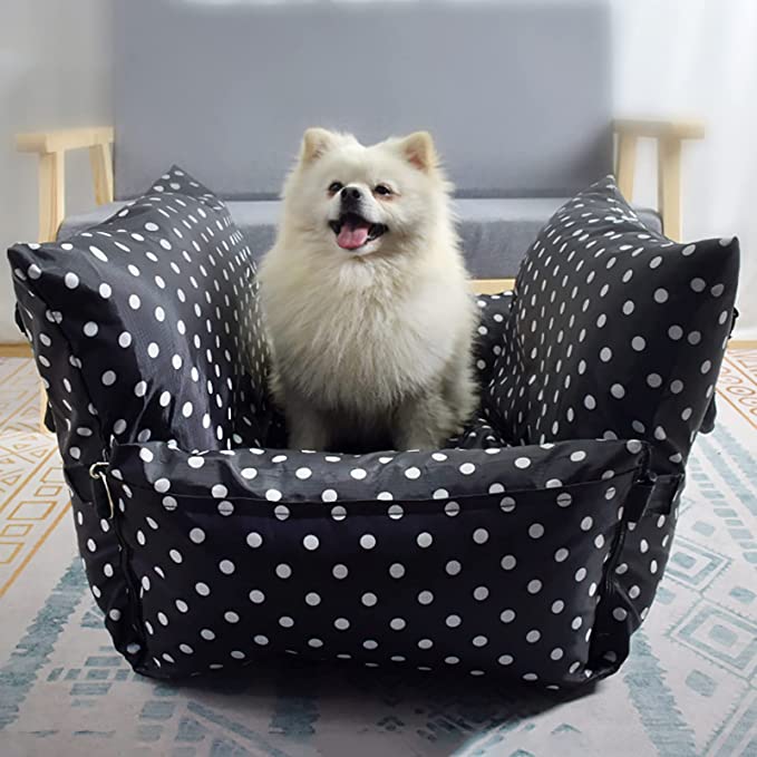 HGML Dog Car Seat, Pet Dog Booster Seat for Small Dogs Puppy Cat, Soft Comfortable Washable Safety Pet Car Seat, Travel Safety Car Seat Black dots