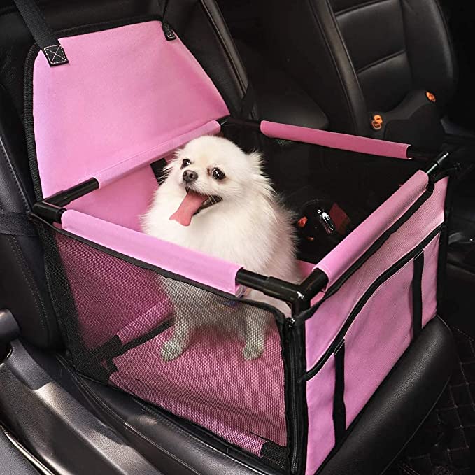 HIPPIH Small Dog Car Seat, Upgraded Booster Seat for Car with Whole Sturdy PVC Bars Frame - All Pink
