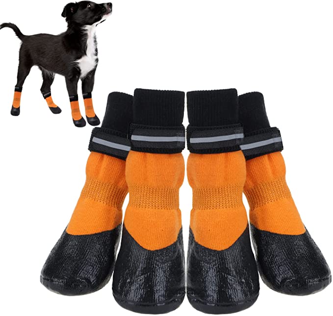 HOMIMP Anti-Slip Dog Socks with Reflective Adjustable Straps, Waterproof Pet Paw Protector Traction Control for Indoor Hardwood Floor Warm Winter Dog Boots - Medium
