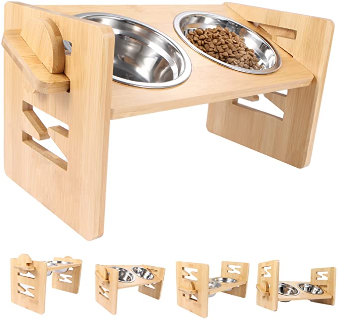 Hurray Elevated Dog Bowls " Tilted and Raised Pet Bowl " Small Dog & Cat Bowl for Food and Water " Bamboo Stand + 2 Stainless Steel Dog Food Bowls " Non-Slip, Adjustable " 15.3"x 7"x 7"