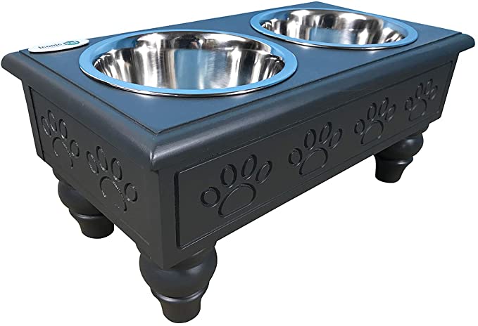 Iconic Pet Sassy Paws Raised Wooden Pet Double Diner with Stainless Steel Bowls for Dogs In Varying Sizes & Colors (Charcoal Gray - 64 oz)