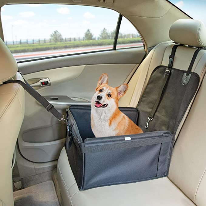 IN HAND Dog Car Seat, Extra Stable Folding Pet Car Booster Seat with Reinforced Walls & Safety Belts for Back and Front Seat