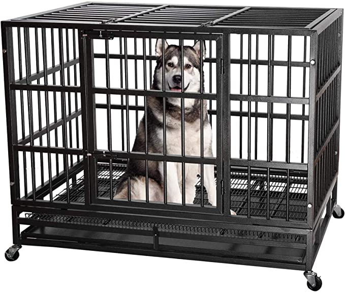 ITORI 48 inch Heavy Duty Dog Crate Indestructible Dog Crate Cage Metal Kennel and Playpen for Large Dog Indoor Outdoor with Double Doors & Locks Design Lockable Wheels Removable Tray Included - Classic Black