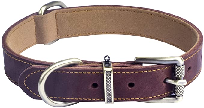 Jatinoo Basic Classic Genuine Leather Dog Collar Buckle Soft Martingale Dog Collar for Small, Medium, Large and XL Dogs|Wide and Thick (Brown, L)