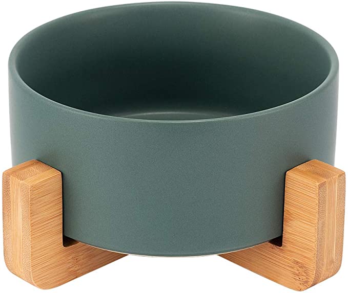 JEROCK Ceramic Cat Dog Bowls Raised Food and Water Dish with Anti-Slip Wooden Stand Elevated Round Pet Feeding Bowl Dishwasher Safe & Easy to Clean