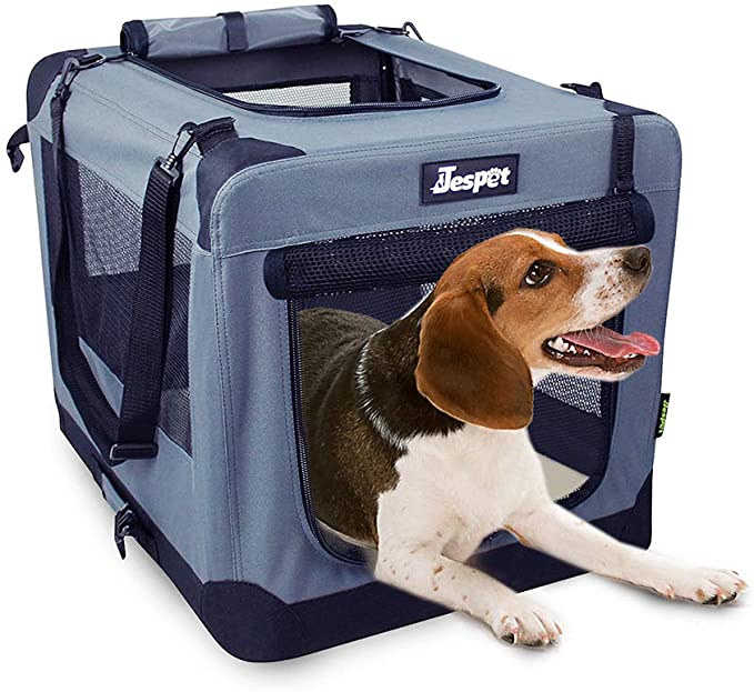 JESPET Soft Pet Crates Kennel 26", 30" & 36", 3 Door Soft Sided Folding Travel Pet Carrier with Straps and Fleece Mat for Dogs, Cats, Rabbits, Indoor/Outdoor Use with Grey, Blue & Beige, Black