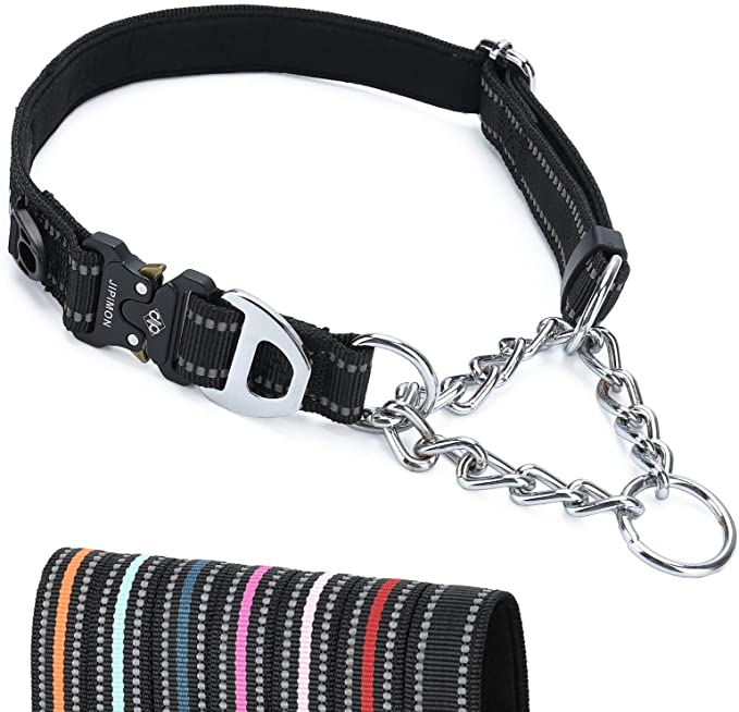JIPIMON Dog Collar Martingale with Alloy Buckle Reflective Stainless Steel Chain Safety Adjustable Dog Training Collar for Small Medium Large Dogs