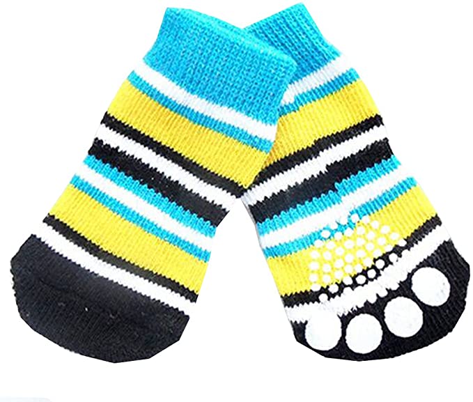 JJ Store 4Pcs Pet Dog Puppy Anti-slip Indoor Knit Weave Colorful Striped Sock Skid Bottom