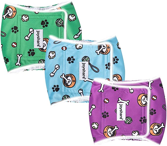 Joyshare Washable Male Dog Diapers with Reflective Strips - Washable Belly Bands, High Absorbency Cartoon Male Dog Wraps (Pack of 3)