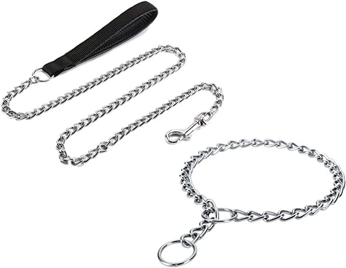 JuWow 4 FT Metal Chain Dog Leash and 16 Inch Chain Dog Training Choke Collar