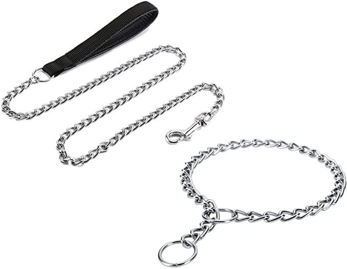 JuWow 4 FT Metal Chain Dog Leash and 22 Inch Chain Dog Training Choke Collar