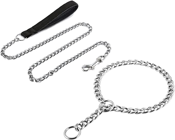 JuWow Metal Dog Leash (3mm X 4 Foot) and Chain Dog Training Choke Collar (20 x 0