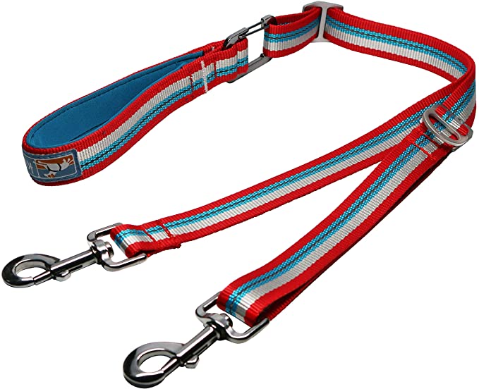 Kurgo Walk About Dog Training Reins, Two Control Point Leash, No Pull Training Leash for Dogs, Double Dog Leash, Adjustable, Reflective, Tangle-Free, Chili Red/Coastal Blue