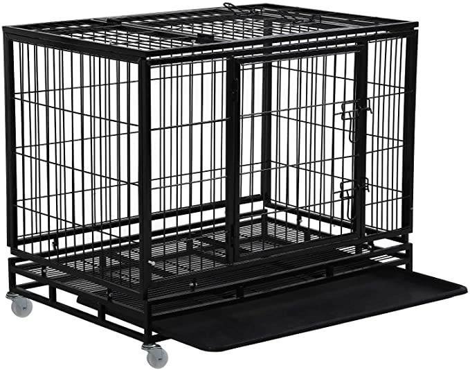 Large Dog Crate Dog Cage Dog Kennel Heavy Duty 48/42/36 Inches Pet Playpen for Training Indoor Outdoor with Plastic Tray Double Doors & Locks Design