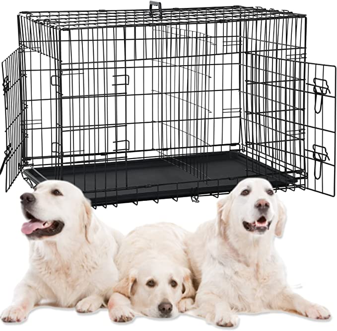Large Dog Crate Kennel 48 Inch Metal Wire Dog Crate, Double-Door Folding Indoor and Outdoor Pet Dog Crates Dog Kennel with Plastic Tray and Handle Dog Crate Furniture for Medium Large Dogs - 48 x 30 x 32 inches