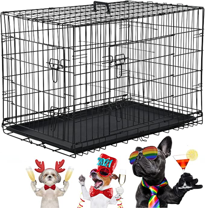 Large Dog Crate Kennel 48 Inch Metal Wire Dog Crate, Double-Door Folding Indoor and Outdoor Pet Dog Crates Dog Kennel with Plastic Tray and Handle Dog Crate Furniture for Medium Large Dogs - 30 x 42 x 27 inches