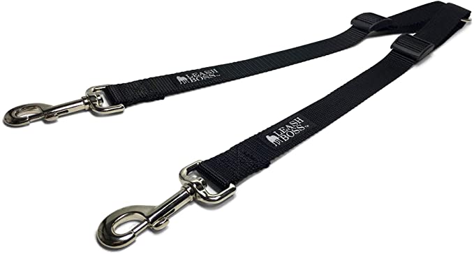 Leashboss Extra Long Double Dog Leash Coupler for Large Dogs - 16-28 Inches - Adjustable 1 Inch Heavy Duty Nylon Leash Splitter for Large Dogs (1 Inch Wide x 16-28 Inches, Black)