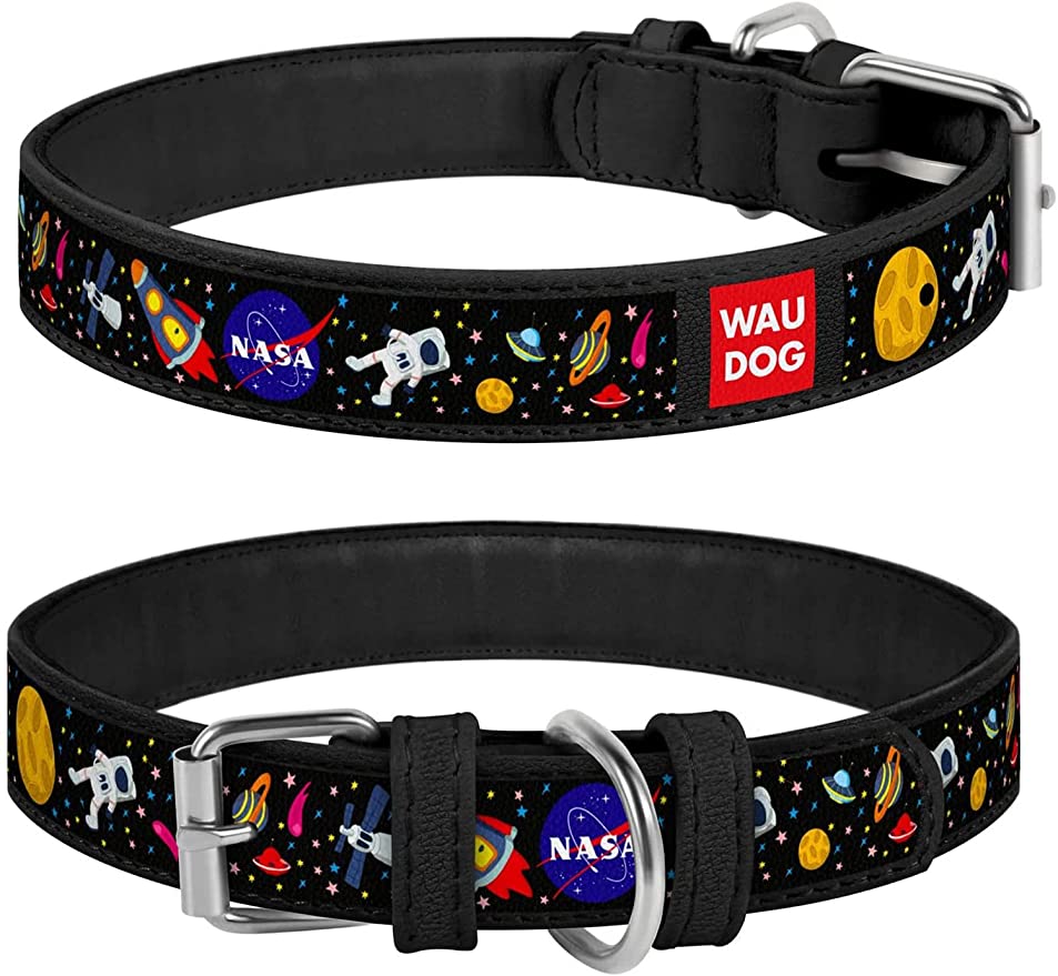 Leather Dog Collar with NASA Design - Dog Collars for Medium Dogs, Small & Large Dogs - Heavy Duty Dog Collars with Durable Metal Buckle and QR Dog Tag