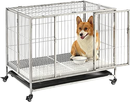 LEMONDA 37” Foldable Stainless Steel Dog Crate, Dog Kennel Cage with Removable Tray