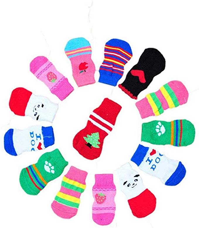 LifeWheel Pet Cat Dog Paw Protection Traction Control Indoor Anti-Slip Knit Cotton Socks 2 or 5 Sets (Random Color)