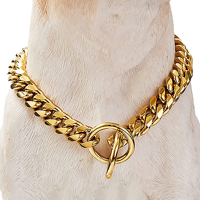 Loveshine Chain Dog Collar 18K Gold Cuban Link Dog Chain 15MM 10MM Thick Chain Collar Metal Stainless Steel Heavy Duty Slip Dog Collars for Dogs(10in to 26in)