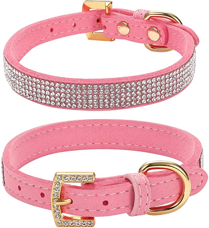 LOVPE Rhinestone Dog Collar,Golden Diamond Buckle and Suede Leather with Crystal Diamond Pet Dog Collar Beautiful and Sparkly Dog Cat Rhinestone Collar for Small Dogs/Cats (S