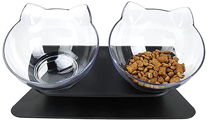 Luck Dawn Double Elevated Cat Bowls with Raised Stand, 15 Tilted cat Bowl Design Neck Guard Stand Raised Pet Food Water Feeder Bowl for Cats or Small Dogs