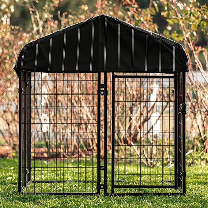 Lucky Dog Stay Series Studio Jr. Kennel 48 x 48 x 52 in Outdoor Pet Pen w/ High Density Waterproof Polyester Roof Cover & Dual Access Door Gate, Gray - Black