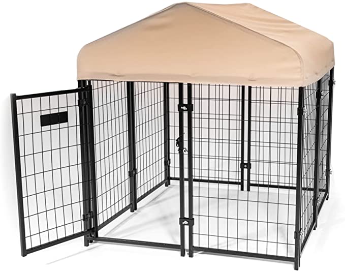 Lucky Dog Stay Series Studio Jr. Kennel 48 x 48 x 52 in Outdoor Pet Pen w/ High Density Waterproof Polyester Roof Cover & Dual Access Door Gate, Gray - Khaki