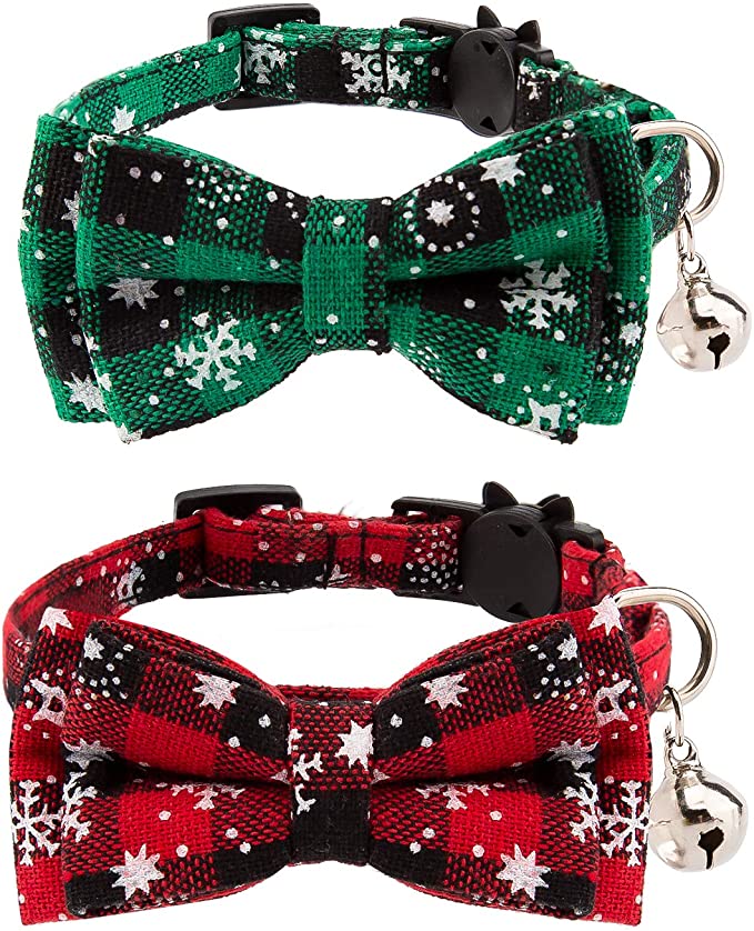 LUTER 2 Pack Christmas Plaid Cat Collars, Detachable Cat Ties with Bow&Bells, Adjustable Collars for Cats, Kitten&Puppy Supplies (Red,Green)