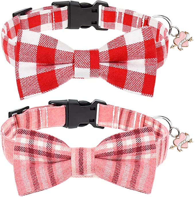 Malier 2 Pack Dog Collar with Bow tie, Valentine's Day Plaid Pattern Dog Collar with Bow tie and Cute Accessories Collar for Small Medium Large Dogs Puppy (Large)