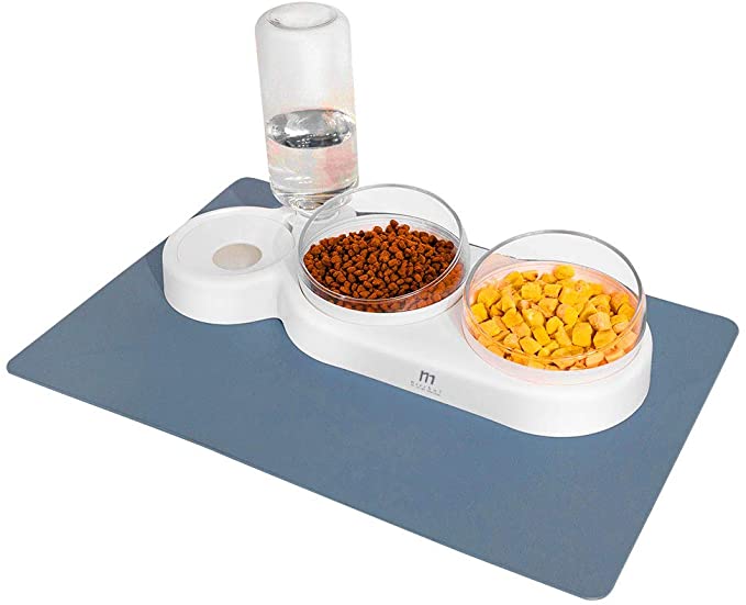 Marchul Gravity Water and Double Food Bowls, Triple Bowls with a Bowl Mat, Cat Wet and Dry Food Bowl Set