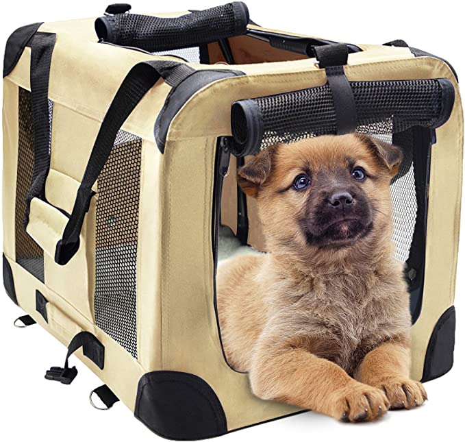 MIEMIE Soft Collapsible Dog Travel Crate Portable Dog Kennel with Straps and Mat, Pet Carrier - Great for Indoor and Outdoor Use (23" L x 17" W x 17" H, Khaki)
