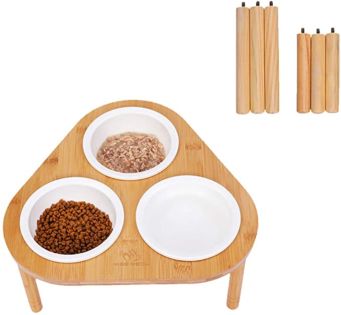 Miss Meow Raised Cat Bowls with Stand Feeder, Elevated Bamboo Stand with 3 Ceramics Bowls