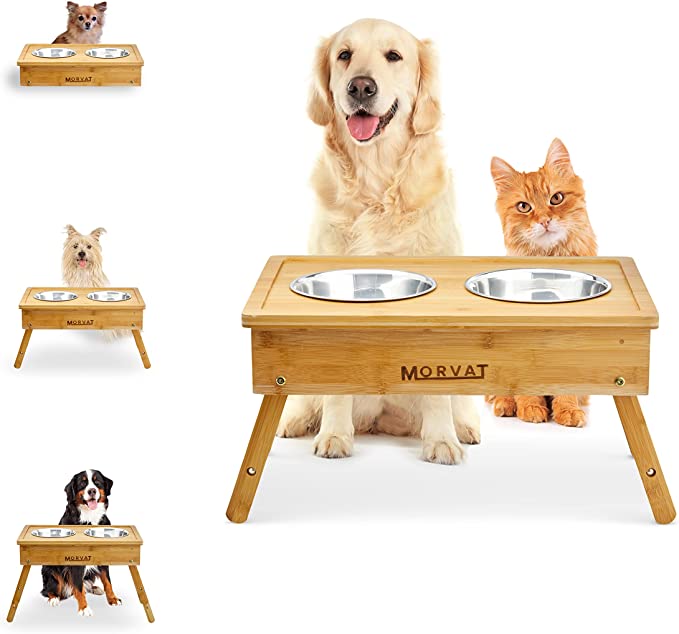 Morvat Bamboo Raised Dog Bowl Adjustable Dog Feeding Station for Large/Small Dogs Elevated Dog Feeder