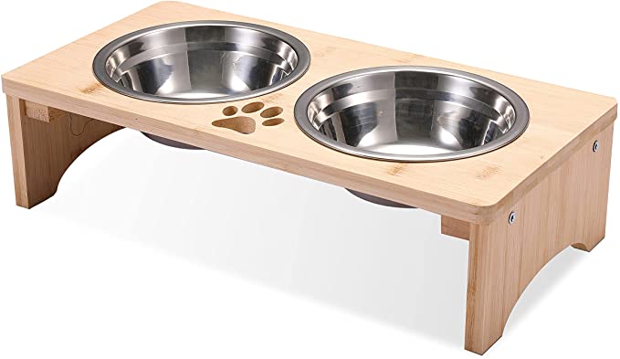 MRECHIR Raised Pet Bowls for Cats and Dogs, Bamboo Elevated Dog Cat Food and Water Bowls Stand Feeder for Small Dogs & Cats(4'' Tall)
