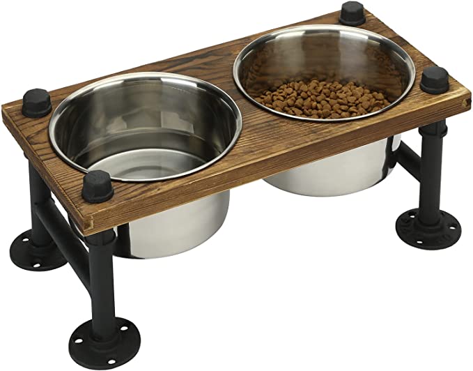 MyGift Rustic Wood and Industrial Metal Double Pet Dog Cat Feeder with Stand