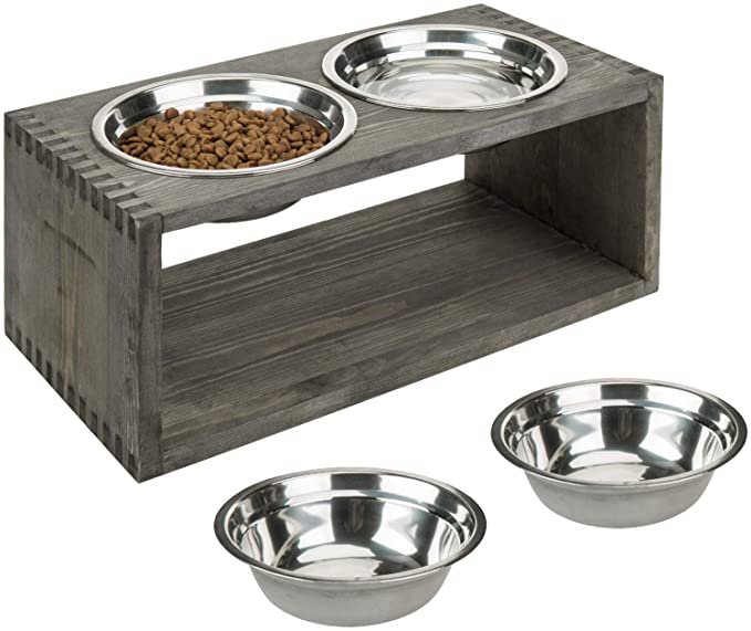 MyGift Vintage Gray Solid Wood Dog and Cat Double Raised Feeder for Small / Medium Size Pets, Includes 4 Stainless Steel Bowls, 16 x 6.5-Inch