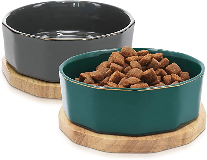 Navaris Ceramic Dog Bowls (Set of 2) - 27oz (800ml) Water or Food Bowl for Pet Dogs and Cats with Non Slip Real Oak Wood Underlay
